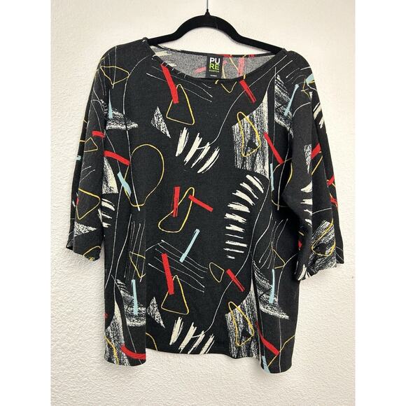 Pure‎ Essence Urbanology Top Size S/P Black White Abstract V Neck 3/4 Sleeve Art - Picture 1 of 8